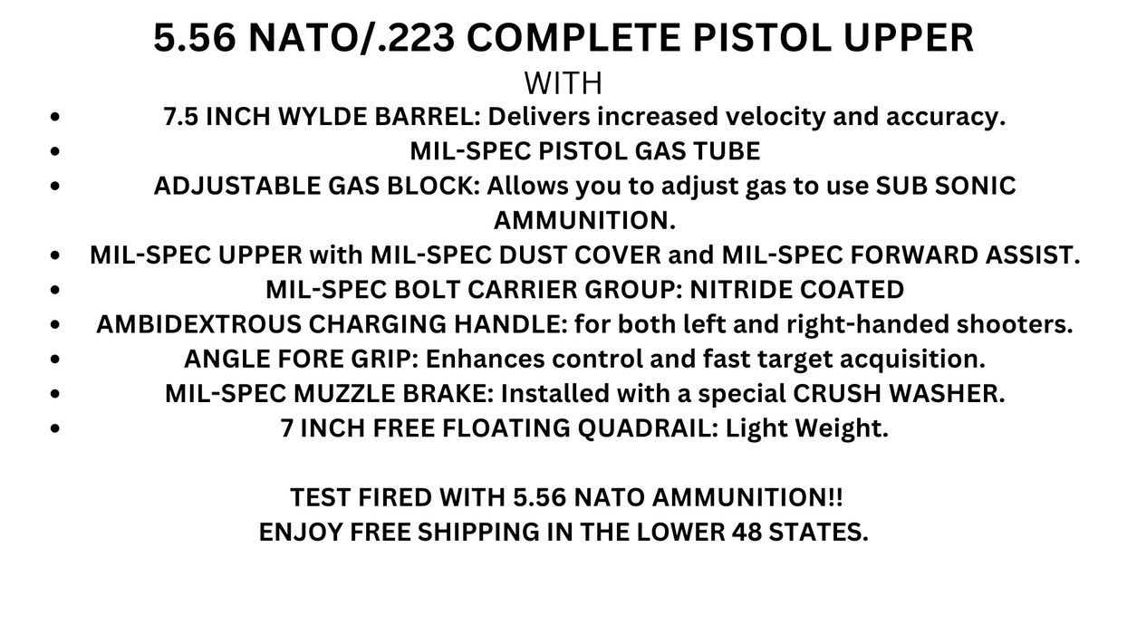 5.56 Nato/.223 Complete Pistol Upper | 7.5 INCH Barrel