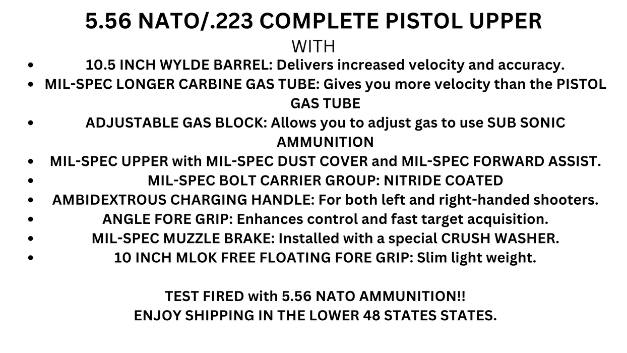 5.56 Nato/.223 Complete Pistol Upper | 10.5 INCH Barrel